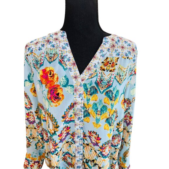 Olive Hill Floral Button Down Blouse M Multicolor Lightweight Boho India Office - Picture 3 of 9